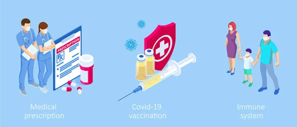 Isometrische vaccinatie en immunisatie, Tijd om te vaccineren, Online medisch advies, medisch recept concept. Geneesmiddelenindustrie. — Stockvector