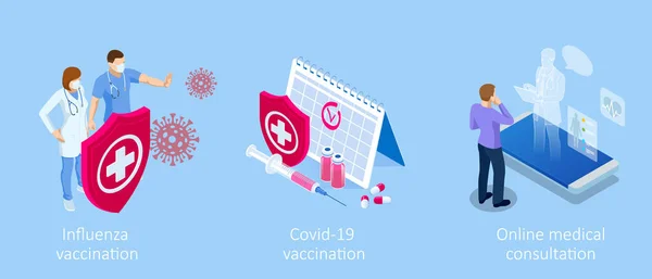 Isometrisk vaccinering och immunisering, Dags att vaccinera, Online medicinsk rådgivning, recept koncept. Medicinsk industri. — Stock vektor