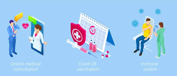 Isometrische Impfung und Immunisierung, Impfzeit, Online-medizinische Beratung, medizinisches Rezept-Konzept. Medizinindustrie. — Stockvektor