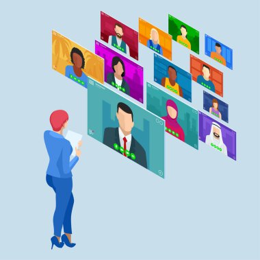 Isometric video konferansı. Grup Video Konferansı. Çevrimiçi iş görüşmesi formu. Merkez ofis. Uzak proje yönetimi. Çok ırklı iş adamları.