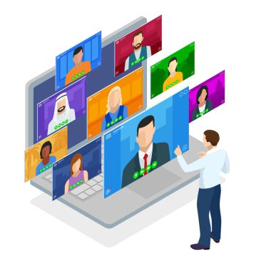 Isometric video konferansı. Grup Video Konferansı. Çevrimiçi iş görüşmesi formu. Merkez ofis. Uzak proje yönetimi. Çok ırklı iş adamları.