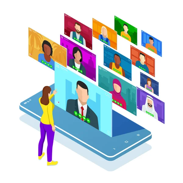Isometric video conference. Group Corporate Video Conference. Online meeting work form home. Home office. Remote project management. Multiethnic business team. — Stock Vector