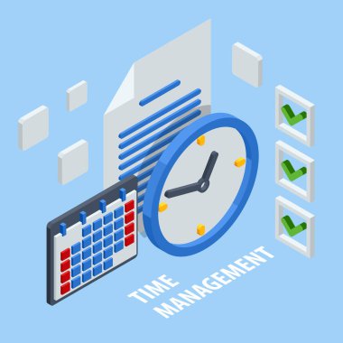 Isometric time management, quick reaction awakening and planning and strategy concept. Time management tool to organize work, office clipart