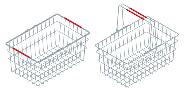 Isométrico cromado alambre de metal doble manijas cuadrado cesta de la compra vacía. Cesta aislada sobre fondo blanco. — Vector de stock