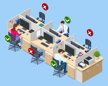 Ofisteki toplantı odasının sosyal uzaklık posteri. Covid-19 virüsünün güvenlik farkındalığı. Çalışma masasında sosyal mesafeyi koruyun.