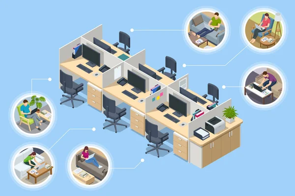Isometric business man and woman working at home with laptop and papers on desk. Online meeting work form home. Home office. — Stock Vector