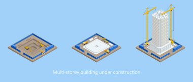 Isometric Gökdelen inşaat süreci. Bina vinci, çok katlı bina yapım aşamasında..
