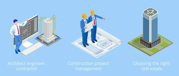 Gestione di progetti di costruzione isometrica, pianificazione, sviluppo e approvazione di progetti architettonici. Schema di casa, industria Ingegnere. Impresa di costruzione. — Vettoriale Stock