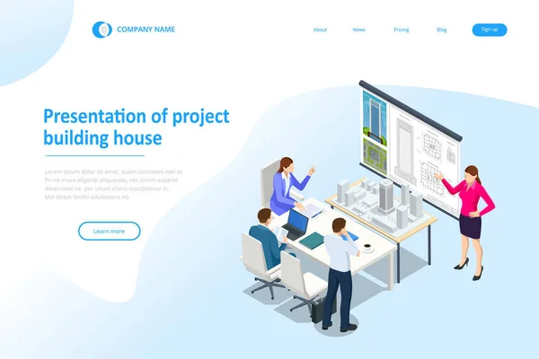 Isometric Construction Project Management, Architectural Project Planning, Development and Approval Web Banner or Landing Page Scheme of House, Engineer Industry Будівельна компанія. — стоковий вектор