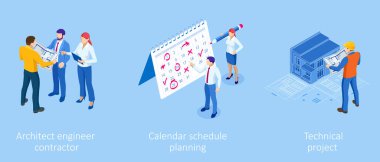 Isometric İnşaat Proje Yönetimi. Profesyonel Müteahhit ve Mühendis Karakterleri. İnşa Yatırımı