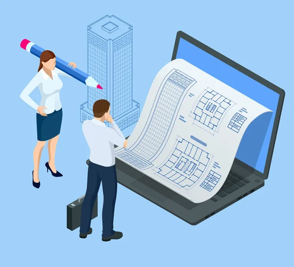 Architectural Project Isometric Concept. Professional Architects and Designers Working. Engineer working on laptop computer with blueprints on screen — Stock Vector