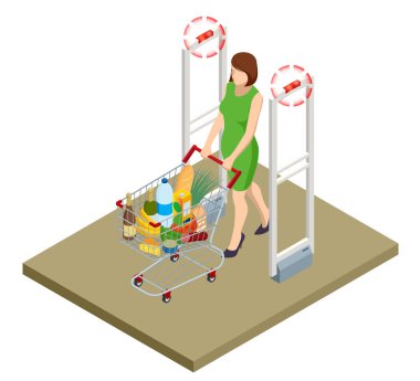 Isometric Anti Theft System. Eas Anti-theft Sensor Gate. Anti Theft Gates for Indoor. Preventing shoplifting scanner gate. Customer shopping store Monitoring management checkout clipart