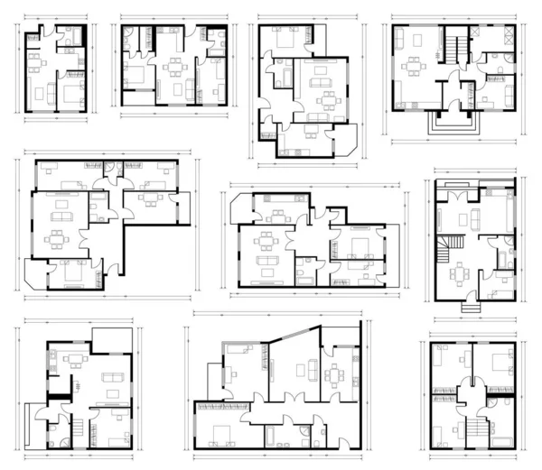 Architectuur ontwerp, blauwdruk plan. Set van verschillende zwart-wit huis plattegronden geïsoleerd op wit — Stockvector