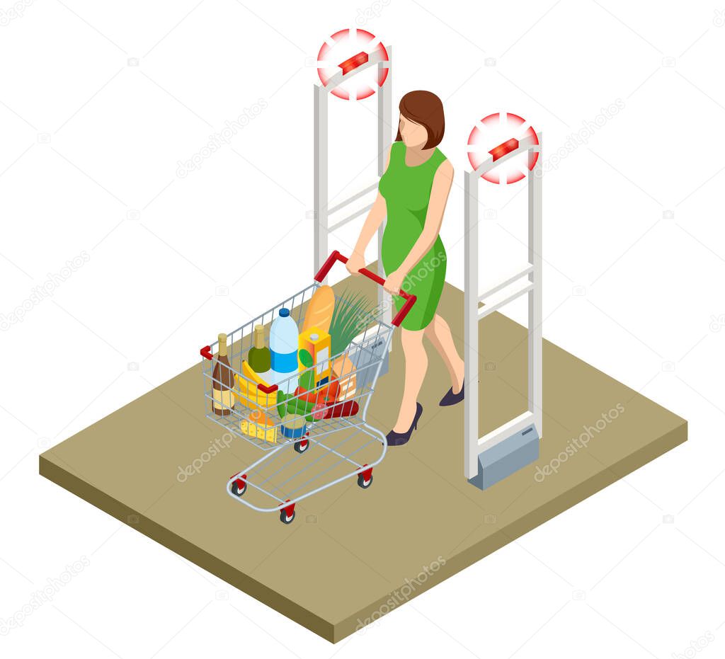 Isometric Anti Theft System. Eas Anti-theft Sensor Gate. Anti Theft Gates for Indoor. Preventing shoplifting scanner gate. Customer shopping store Monitoring management checkout