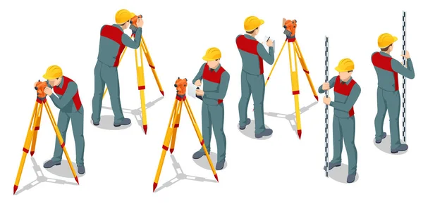 Isometric surveying measuring equipment level theodolite on tripod isolated on white background. Professional engineer surveyor takes measures with theodolite. Construction measuring tool — Stock Vector