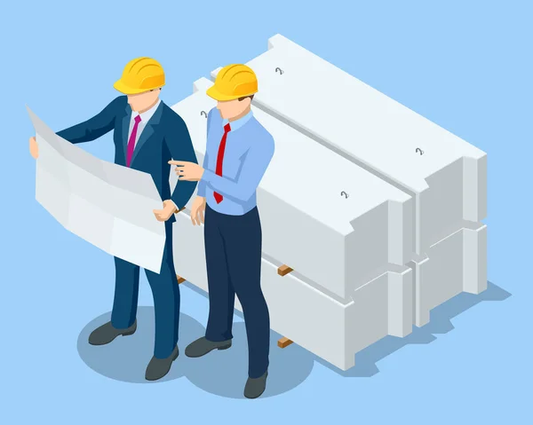 Isometrische bouwingenieurs en bouwers in gele veiligheidshelmen op bouwterrein met architectuurplan. Ontwikkeling businessplan. — Stockvector