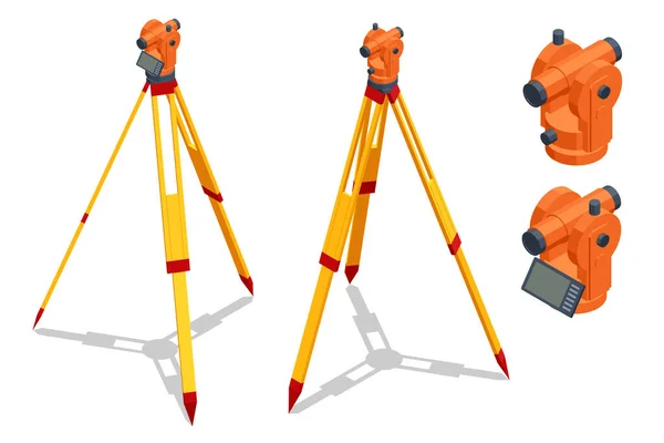 Isometric surveying measuring equipment level theodolite on tripod isolated on white background. Geodetic measuring equipment icon set. Construction measuring tool — Stock Vector