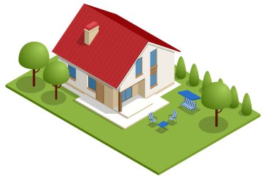Isometric Apartmanı. Bina, kulübe, villa. Dağ evi tarzında modern bir ev. Satılık garaj ya da büyük bahçeli ve çimenlikli kiralık..