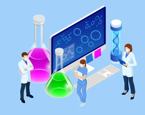 Izometryczny zespół lekarzy podczas pracy w laboratorium analizy chemicznej. Zespoły badawcze w Eksperymentach Chemii, Naukach o Zdrowiu, Naukach o Życiu. Koncepcja laboratoryjno-rozwojowa — Wektor stockowy