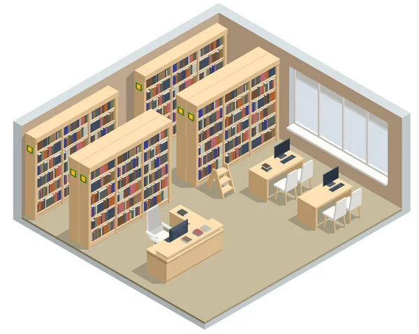 Librerie isometriche nella Biblioteca. Libri in biblioteca pubblica. Concetto di apprendimento e istruzione. Scuola di E-learning tecnologico — Vettoriale Stock