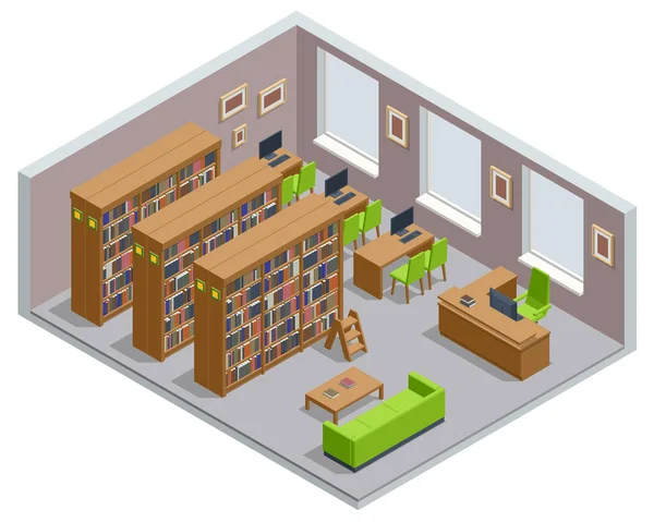 Isometrische Bücherregale in der Bibliothek. Bücher in öffentlichen Bibliotheken. Lern- und Bildungskonzept. E-Learning-Schule für Technologie — Stockvektor