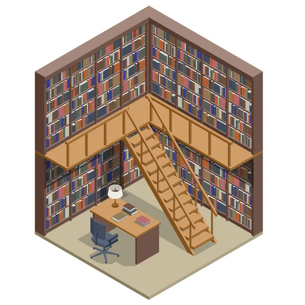Librerie isometriche nella Biblioteca. Libri in biblioteca pubblica. Concetto di apprendimento e istruzione. — Vettoriale Stock