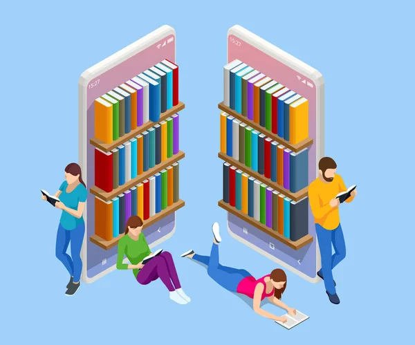 Isometric Online knihovna aplikace pro čtení, knihkupectví koncept. E-learning z domova on-line studium na smartphone. — Stockový vektor