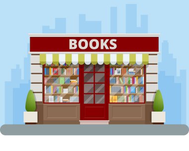 Düz stil kitapçı cephesi beyaz arkaplanda izole. Kitaplar, bilim, bilgi. Dükkan önü ve kitaplarla dolu bir raf..