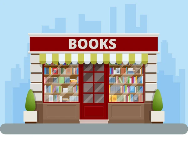 Düz stil kitapçı cephesi beyaz arkaplanda izole. Kitaplar, bilim, bilgi. Dükkan önü ve kitaplarla dolu bir raf.. — Stok Vektör