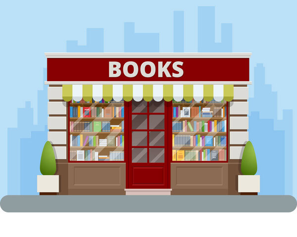 Bookstore facade in flat style isolated on white background. Books, science, knowledge. Storefront and a shelf with books.