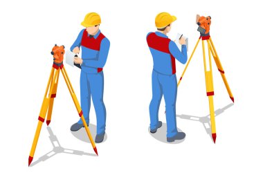 Beyaz arka planda izole edilmiş üç ayaklı tripoda ölçüm ekipmanı seviyesinde teodolit taraması. Profesyonel mühendis theodolite ile önlemler alıyor. Yapılandırma ölçüm aracı