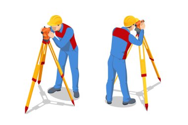 Beyaz arka planda izole edilmiş üç ayaklı tripoda ölçüm ekipmanı seviyesinde teodolit taraması. Profesyonel mühendis theodolite ile önlemler alıyor. Yapılandırma ölçüm aracı