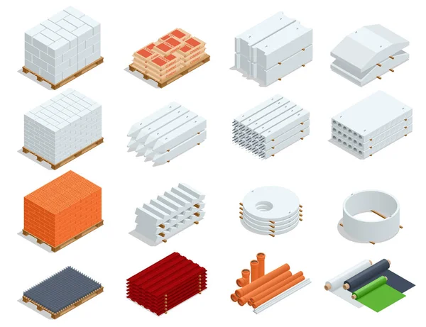 Ícones de produtos de construção isométricos. Itens de ferro-concreto, elementos de concreto, tubos, telhado de ferro, cimento, concreto e tijolo —  Vetores de Stock