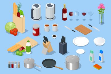 Isometric Electric Kettle, kağıt torbada farklı yiyecekler, tahta bloktaki bıçaklar, cam kadehler, cam vazolar, cam ve metal kavanozlardaki baharatlar, paslanmaz kaplar ve beyaz kapaklı cam kapaklar.