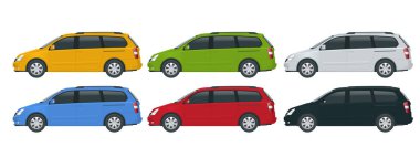Beyaz arka planda mini araba vektör şablonu. Kompakt geçiş, SUV, 5 kapılı minivan. Görünüm tarafı