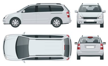 Beyaz arka planda mini araba vektör şablonu. Kompakt geçiş, SUV, 5 kapılı minivan. Öne, arkaya, yana, üste bak.