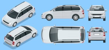 Arka planda mini araba vektör şablonu var. Kompakt geçiş, SUV, 5 kapılı minivan. İzometrik görünüm, ön, arka, yan, üst.