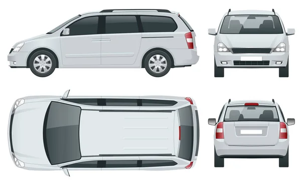 Minivan Autó vektor sablon fehér háttér. Kompakt crossover, SUV, 5 ajtós kisbusz. Elöl, hátul, oldalt, felül. — Stock Vector