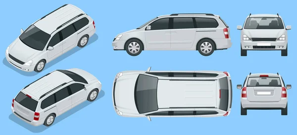 Minivan Plantilla vectorial de coche sobre fondo. crossover compacto, SUV, coche minivan de 5 puertas. Vista isométrica, frontal, trasera, lateral, superior. — Vector de stock