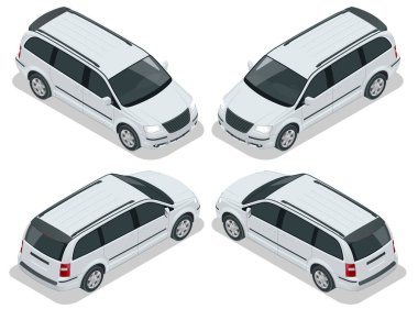 Minivan ya da Minivan Car 'ın beyaz arka plandaki şablonu. Kompakt geçiş, SUV, 5 kapılı minivan. İzometrik görüntüle