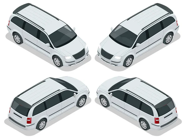 Furgoneta de pasajeros o minivan Plantilla de vector de coche sobre fondo blanco. crossover compacto, SUV, coche minivan de 5 puertas. Vista isométrica — Vector de stock