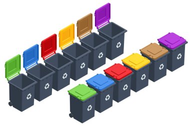 Farklı türde Isometric çöp konteynerleri. Kağıt, plastik, metal, biyoteknoloji, e-atık ve cam. Ayrımcılık, geri dönüşüm, çevre koruma.