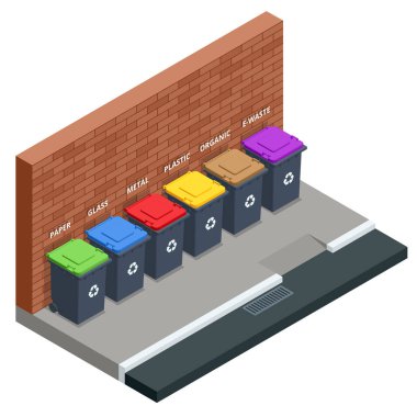 Farklı türde Isometric çöp konteynerleri. Kağıt, plastik, metal, biyoteknoloji, e-atık ve cam. Ayrımcılık, geri dönüşüm, çevre koruma.