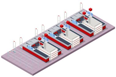 Büyük bir süpermarkette, bir seri nakit kasası, nakit masası. Bilgisayar ekranı ve kart ödeme terminali olan boş nakit masası.