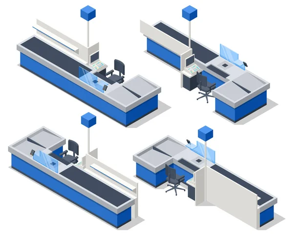 Série isométrica de caixas registradoras, mesa de caixa, em um grande supermercado. Mesa de dinheiro vazia com tela de computador e terminal de pagamento de cartão. —  Vetores de Stock