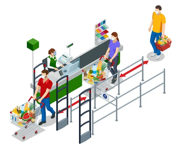 Série isométrica de caixas registradoras, mesa de caixa, em um grande supermercado. Pessoas com carrinhos de compras e cestas esperando na fila na caixa registradora —  Vetores de Stock