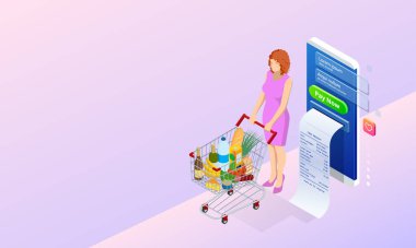 Isome marketi, online market, ev teslimatı. İnternetten market alışverişi. Evde otururken taze sebze, meyve, süt, ekmek, sosis almak..
