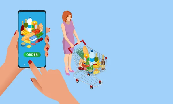 Isometrische kruidenier, online markt, levering aan huis. boodschappen doen online. Verse groenten, fruit, melk, brood, worst kopen via de smartphone terwijl u thuis zit. — Stockvector