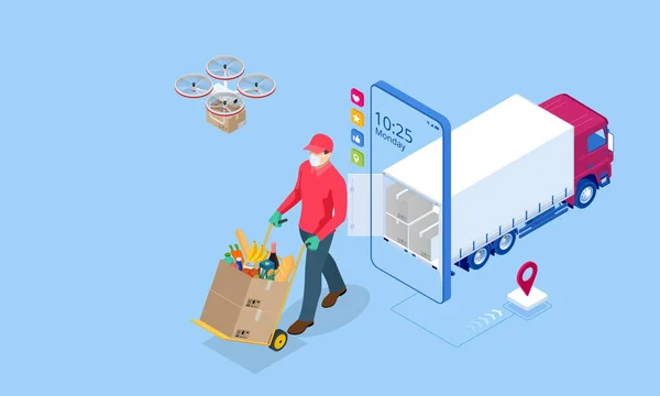 Isometric grocery store, online market, home delivery. grocery shopping online. Buying fresh vegetables, fruits, milk, bread, sausage through the smartphone while sitting at home. — Stock Vector