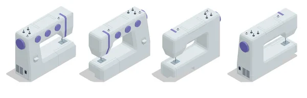 Isometrische Nähmaschine isoliert auf weißem Hintergrund. Textilindustrie. Nähzubehör und Stoff. Schneiderei, Modedesigner-Werkstatt, Industrie — Stockvektor
